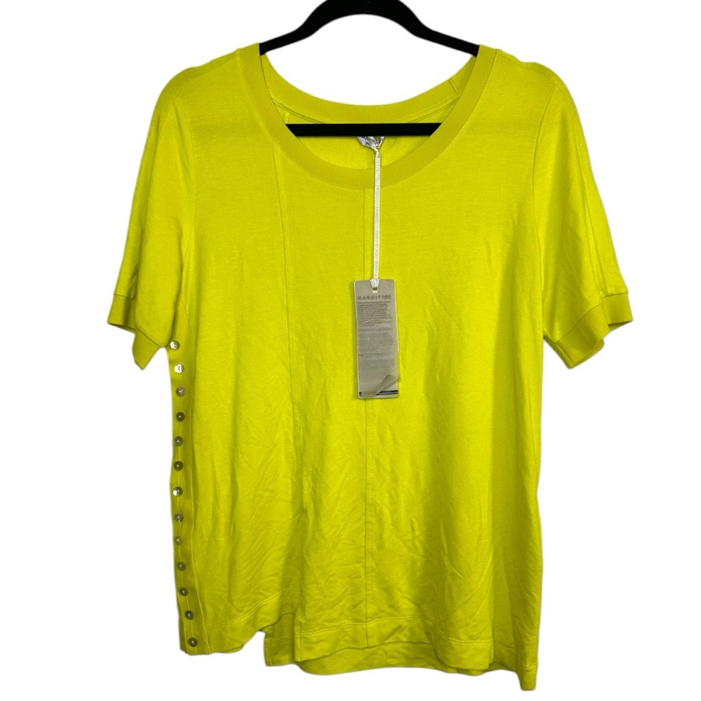 Margittes Womens Short Sleeve Knit Top NWT Size 38/8 Medium Chartreuse Buttons